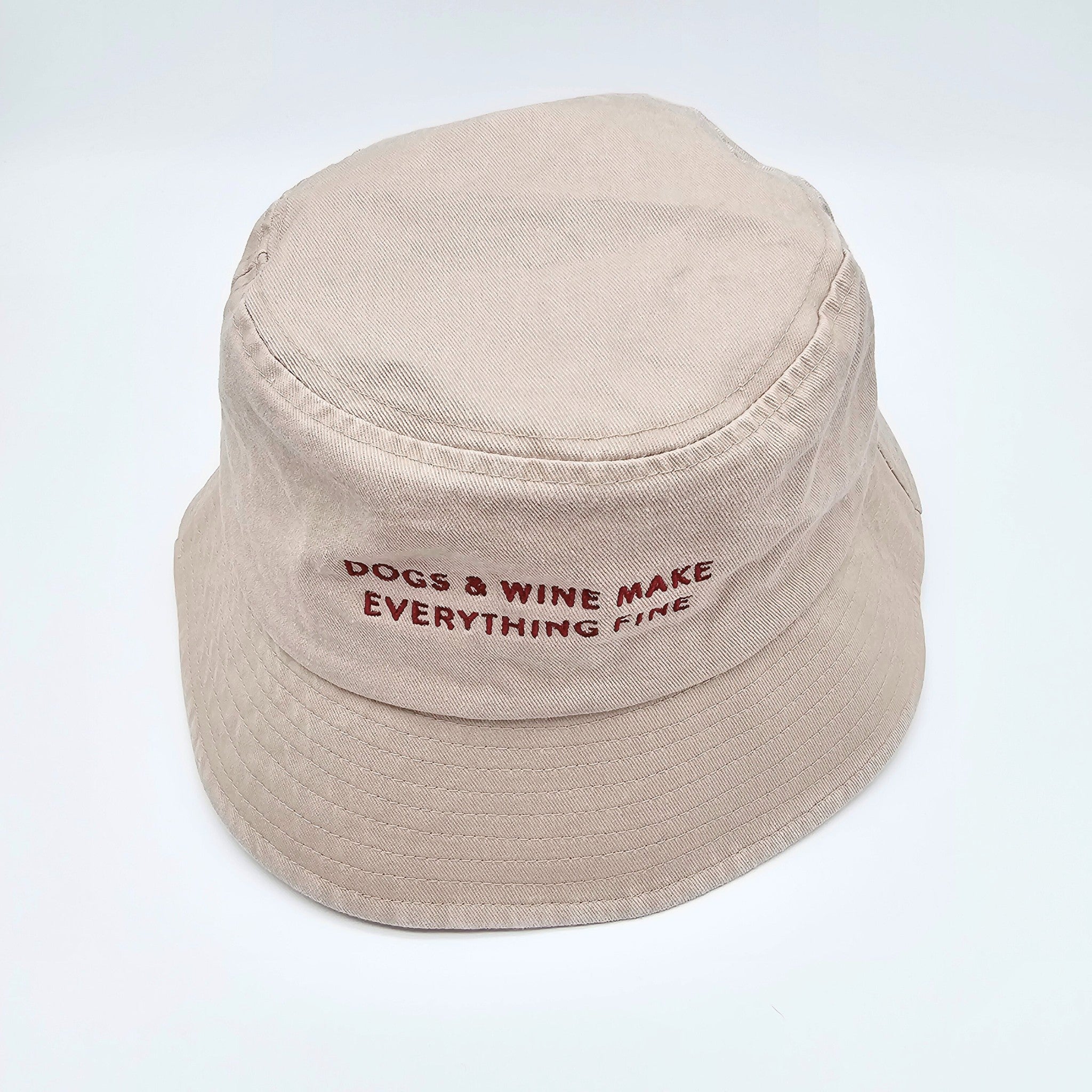 Beige Denim Bucket Hat - Dogs & Wine Make Everything Fine