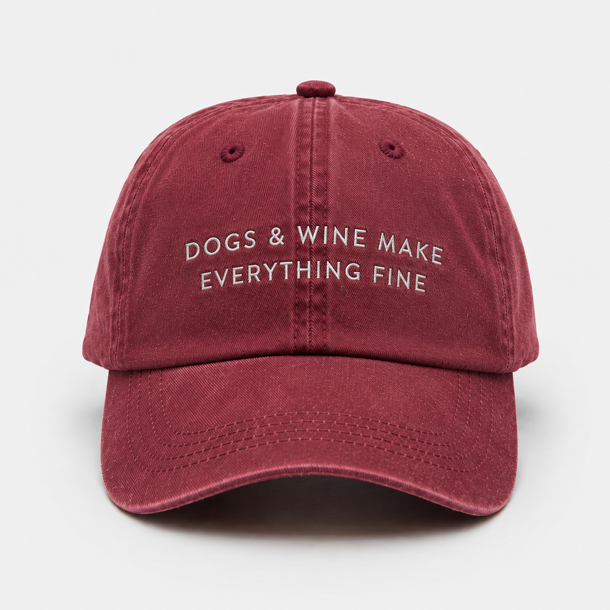 Dark Red Denim Cap - Dogs & Wine Make Everything Fine